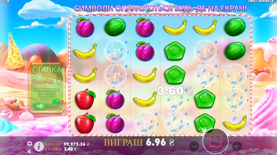 Екран виграшу у грі Sweet Bonanza, що показує фруктові комбінації та загальну суму виграшу